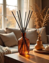 Amber ribbed vase with black aroma reed sticks in cozy interior. Warm sunlight in room with soft textures. Home fragrance diffuser on wooden table creates inviting atmosphere.