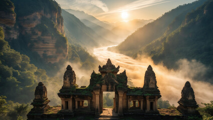Ancient temple gateway overlooking a breathtaking sunrise valley shrouded in mystical morning mist, bathed in warm golden light.