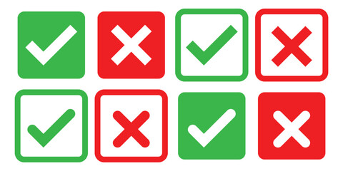 Green tick and red cross checkmarks. Right or wrong icons. check mark icon button set. check box icon with right and wrong buttons and yes or no checkmark icons