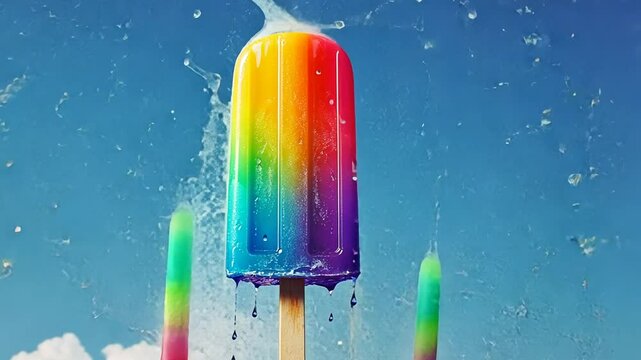 Rainbow popsicle melting on a sunny day against a clear blue sky evokes summer fun