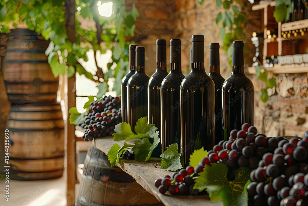 Poster experience the richness of winery life with grape vines and fine wine bottles displayed beautifully 