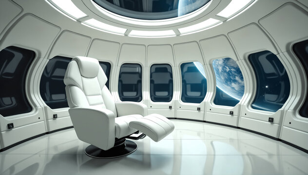 White leather seat in a minimalistic white spaceship interior.
