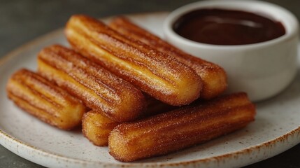 Churros golden fried dough sticks dusted cinnamon sugar served chocolate dipping sauce arranged on a white ceramic plate top view highlights the sweet Mexican treat