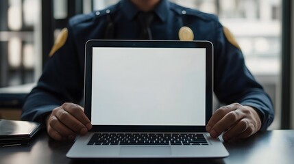 Police officer uses a laptop in a modern office setting to perform administrative tasks and manage information related to law enforcement duties