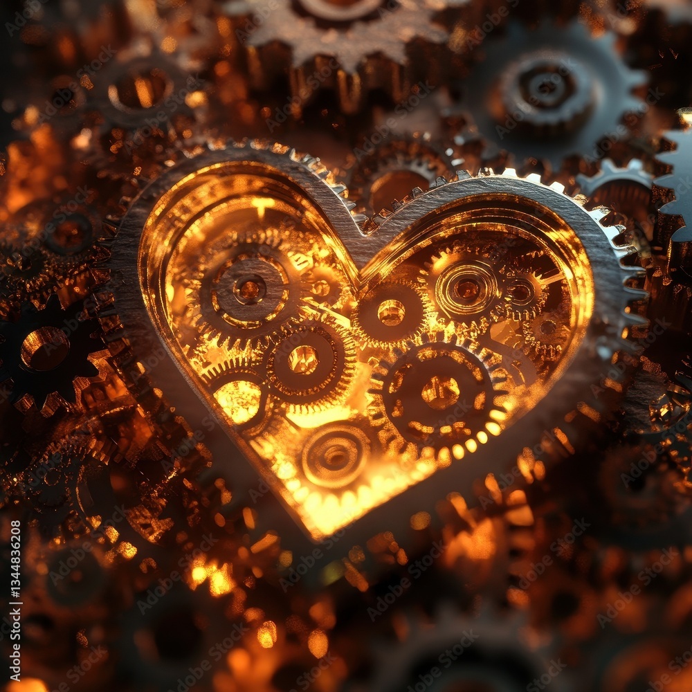 Poster a golden mechanical heart built with numerous interlocking gears