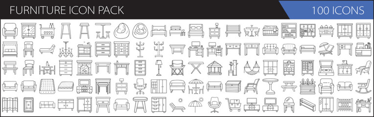 Furniture icon pack with 100 outline designs - A set of 100 outline furniture icons featuring chairs, tables, sofas, cabinets, and other home interior elements in a minimalistic style.  
  
