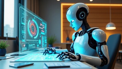 Futuristic Robot Working on Holographic Interface