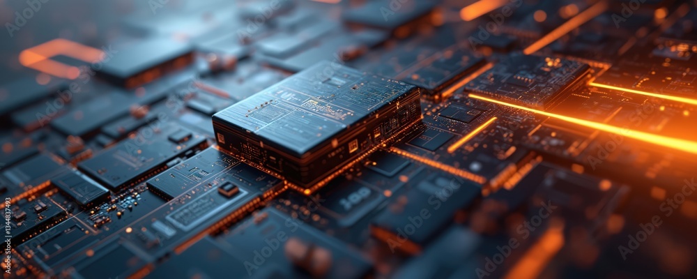 Poster modern tech background with abstract motherboard design. orange lights circuitry. futuristic hi-tech