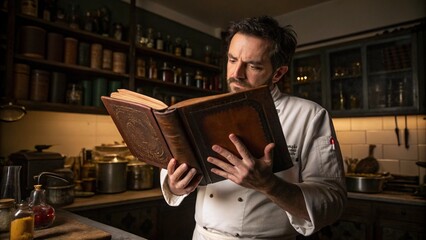 "Magical Chef Reading Ancient Recipe Book in Vintage Kitchen – Mysterious Cooking"