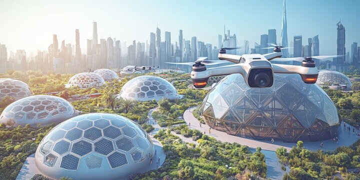 Innovative smart city featuring futuristic architecture and drones