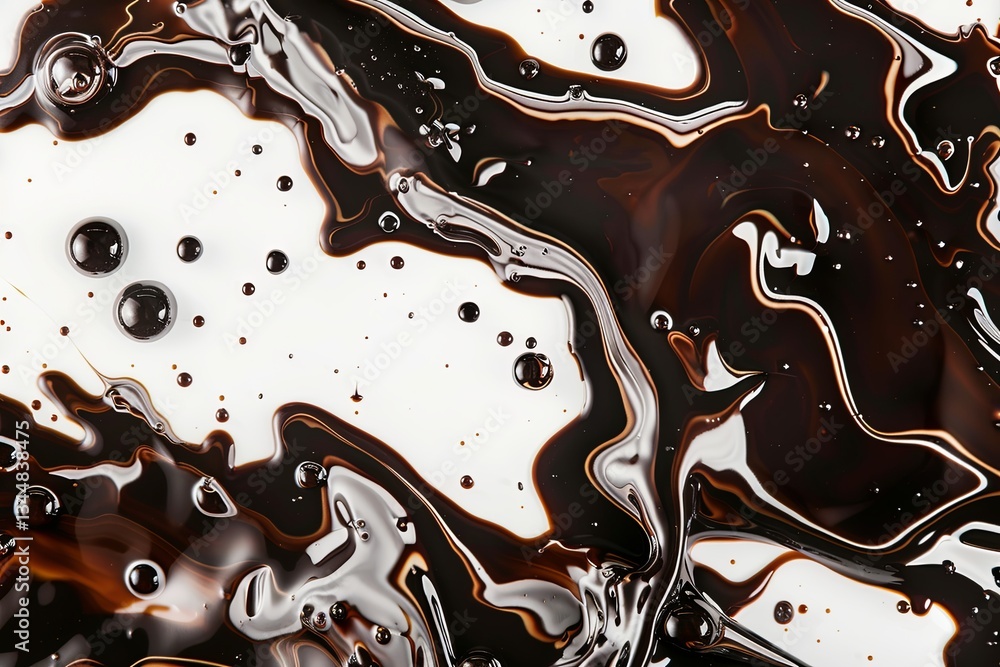 Poster rich dark chocolate droplets flowing on a smooth white background with a glossy texture and high det
