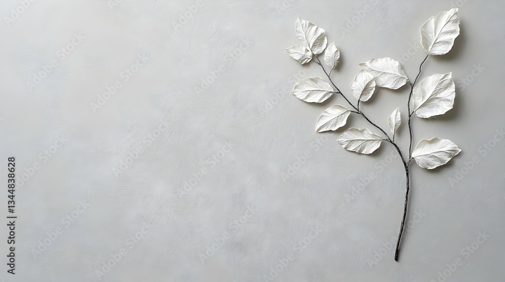Poster white artificial leaves on a dark branch against a textured gray background in a studio setting