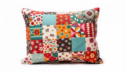 colorful patchwork pillow with vibrant multicolored fabric squares in folk and geometric patterns, handmade decorative cushion for cozy home interior on white background