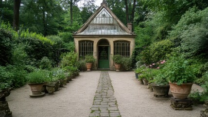 Fototapeta premium Stone Garden House with Lush Greenery and Terracotta Pots