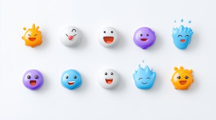 Obraz premium Colorful, expressive emoticon designs on a white background. Each emoticon has a unique emotion