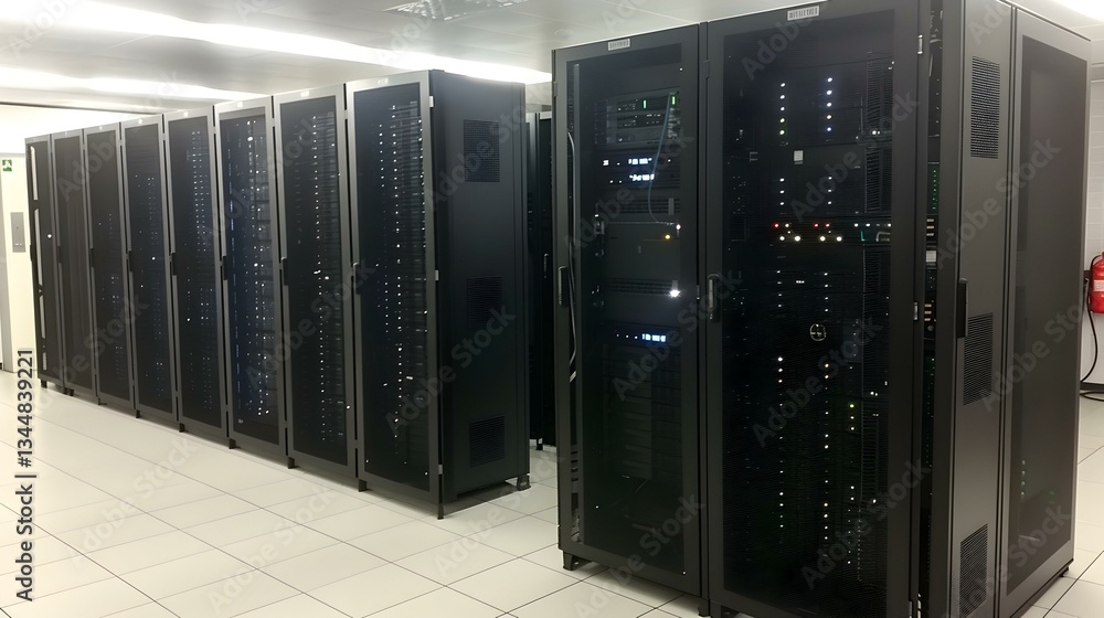Poster row of modern server racks in a data center. image depicts technology, networking, and digital infra