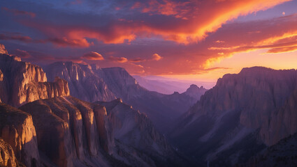 Naklejka premium Fiery sunset paints majestic mountains in breathtaking hues, a dramatic landscape bathed in warm golden light.