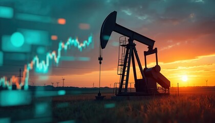 Oil pump silhouette against sunset sky with overlaid financial graphs. Price changes in oil market. Economic, investment, stock, trading, fuel, gas, energy, commodity prices rising falling.