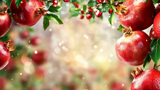 Exquisite pomegranates sparkle under festive lighting in a vibrant garden setting