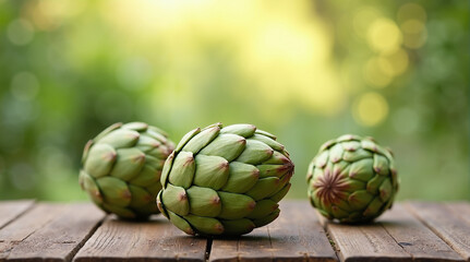 Fototapeta premium Fresh artichokes on a wooden table, perfect for food blogs, gourmet cooking, and farm market promotions