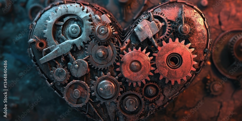 Poster a metallic heart comprised of complex gear mechanisms and structures
