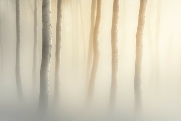 Obraz premium Misty forest landscape with tall trees at dawn
