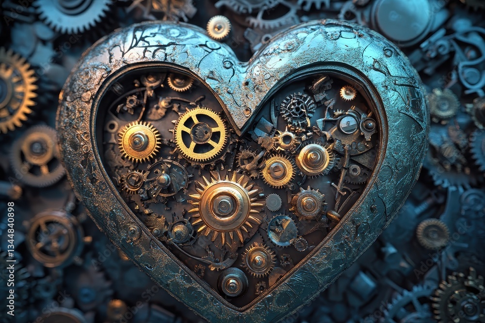 Poster mechanical heart filled with various intricate gears and cogs
