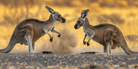 Western Grey Kangaroo boxing with another male powerful hind legs kicking up dust mid action shot with razor sharp focus at 13000s dynamic and intense wildlife moment