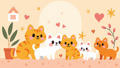 Naklejka premium Adorable cartoon cats playing together in a cheerful setting 