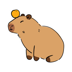 Hand drawn Capybara sitting with orange on head, flat vector illustration on white background.