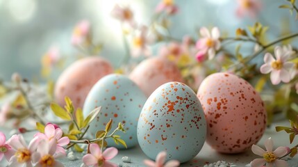 Easter greeting card pastel eggs and soft floral background open space for personalized message