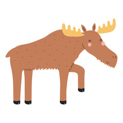 Cute cartoon moose, elk character illustration. Hand drawn Scandinavian style flat design, isolated vector. Wild animal, forest wildlife, woodland creature. Kids clip art, print element, poster