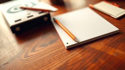 blank notebook with pencil on wooden office desk