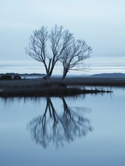 Serene winter morning by calm water&rsquo;s edge