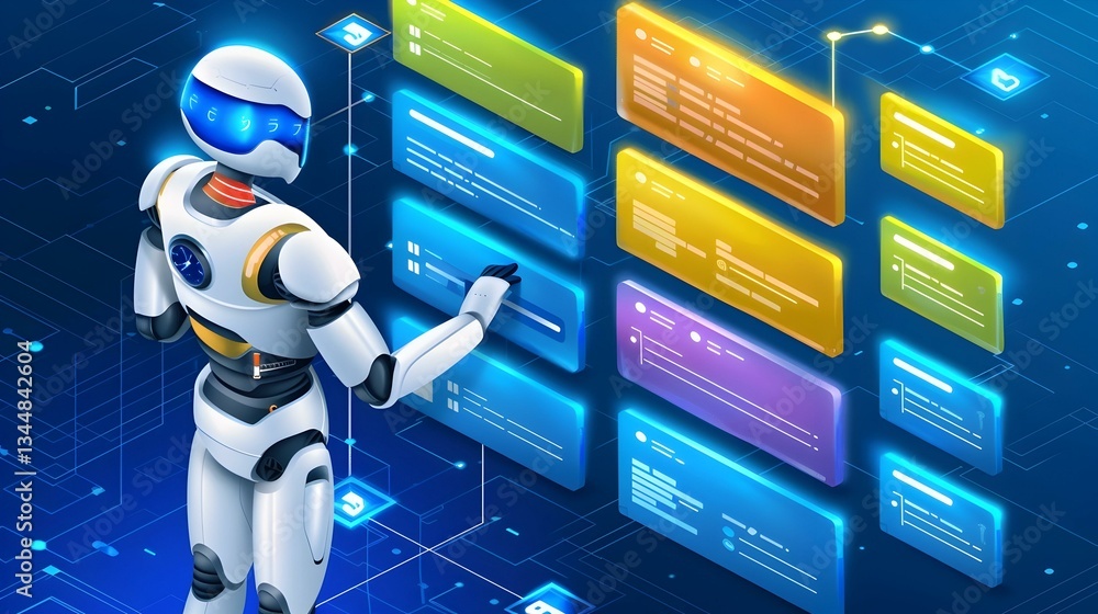 Aufkleber futuristic robot interacts with holographic digital interface, showcasing advanced technology and ai