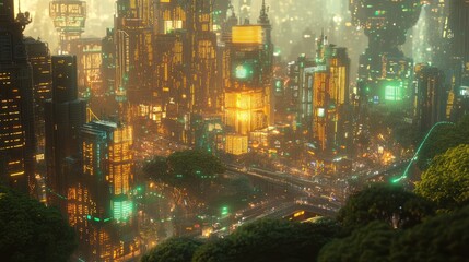 Obraz premium Futuristic city skyline at night, aerial view, vibrant lights, potential use as stock photo for video game art