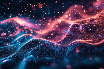 Dynamic waves of color flow across the surface, interspersed with glowing particles. The imagery captures an abstract concept of light movement, evoking a digital atmosphere.