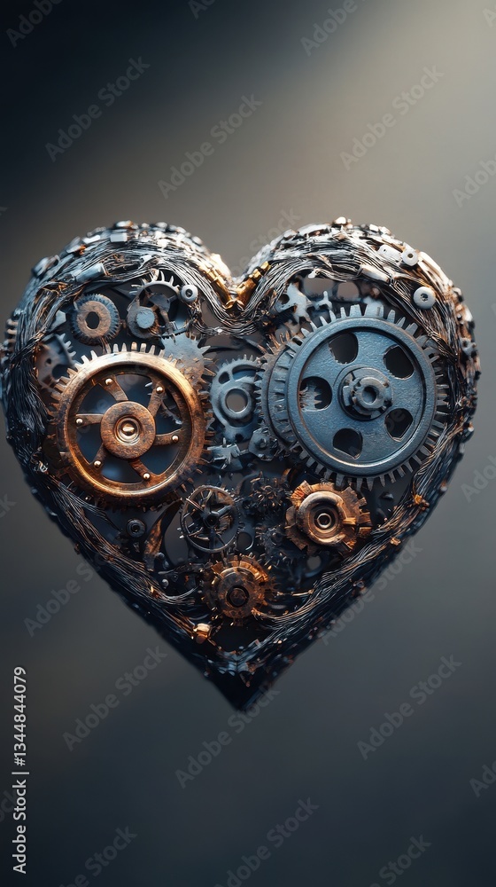 Poster a mechanical heart comprised of various gears and metallic components