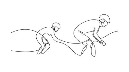 Continuous line drawing of two cyclists in racing positions. One appears to be drafting, showcasing teamwork and athleticism. Minimalist art style.