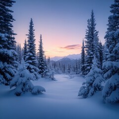 Winter landscape with snowy trees at dusk in mountains