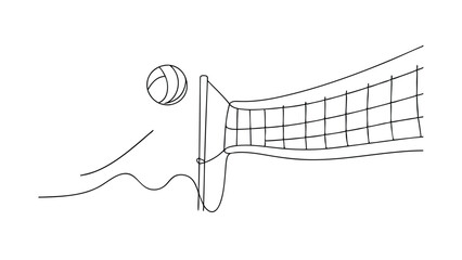 Line drawing of a beach volleyball scene. A ball approaches the net, a players arm is implied, and wavy lines depict sand. Simple, minimalist style.