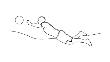 A singleline drawing depicts a beach volleyball player diving dramatically to catch a ball. The action is dynamic, showing intense focus and athleticism in a simple, elegant style.