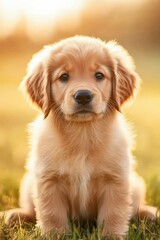 Golden retriever puppy sitting in a sunlit meadow