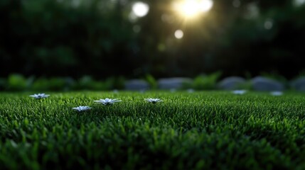 Naklejka premium Delicate white flowers dotting a lush green lawn, bathed in warm sunlight filtering through trees