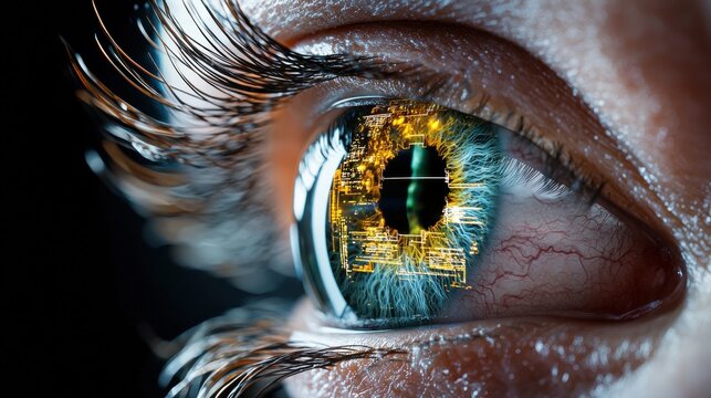 A close up of a person's eye with a green iris and a black background