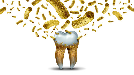 Bacteria tooth infection and teeth decay disease as an unhealthy molar with periodontitis due to poor oral hygiene health as an infectious bacterial concept with inflammation.