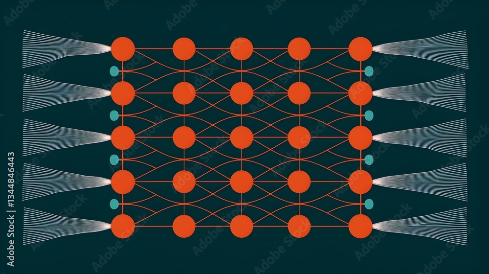Poster abstract network graphic with orange nodes and white lines. ideal for technology, ai, or connection 