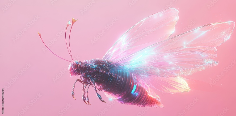 Poster a detailed and colorful rendering of a beautiful insect in flight