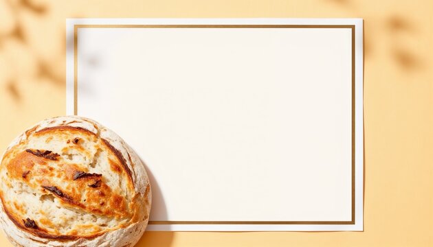 round artisan bread with crispy golden crust placed on warm beige background next to blank card with shadow for bakery branding and homemade baking advertisement