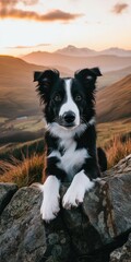 Fototapeta premium Dog relaxing on rocks during sunset in mountains